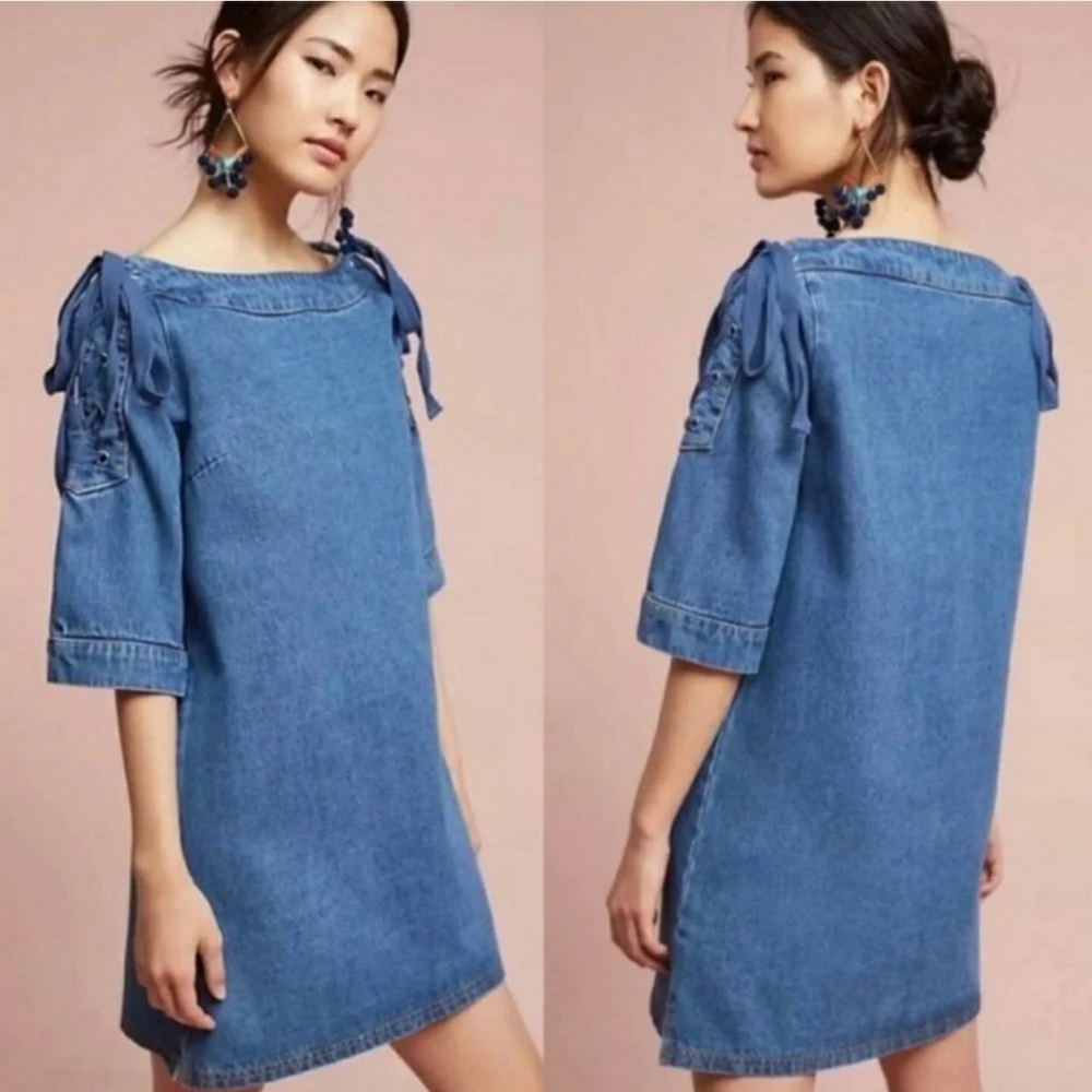 Anthropologie Denim Open-Shoulder Shift Dress Size Small
